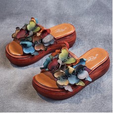  Handmade Leather Holiday Floral Platform Casual Beach Sandals