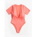 Women Solid Color One Piece Short Sleeve Plunge V  Neck Swimwear