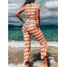 Geometric Print Knotted Short Sleeve Top High Waist Pants Thin Beach Two Piece Set Cover Ups