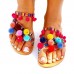 Large Size Summer Women Fur Ball Colorful Bohemian Comfy Flat Sandals