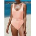 Women Knitted Jacquard Wide Straps Backless One Piece Swimwear with Belt