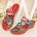  Genuine Leather Handmade Stitching Comfy Bohemian Flowers   Leaves Decor Slip  On Wedges Sandals