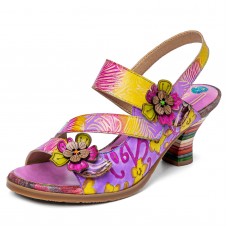  Leather Beach Vacation Ethnic Floral Hook   Loop Heeled Sandals