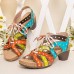  Genuine Leather Casual Bohemian Ethnic Colorblock Comfy Lace  up Heeled Sandals