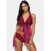 Plus Size Women Tropical Print Halter String Knot Backless Swimdresses