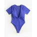 Women Solid Color One Piece Short Sleeve Plunge V  Neck Swimwear