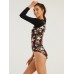 Women Floral Print Front Zipper Sun Protection Long Sleeves Sport Surfing One Piece Swimwear