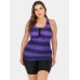 Plus Size Women Front Bandage Stripe Top Two  Piece Swimwear Cover Belly Tankinis