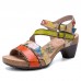  Genuine Leather Casual Bohemian Ethnic Floral Print Colorblock Comfy Heeled Sandals