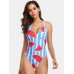 Women Watermelon Print Striped V  Neck Backless One Piece Hot Swimwear